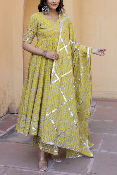 Yellow floral motif print anarkali set