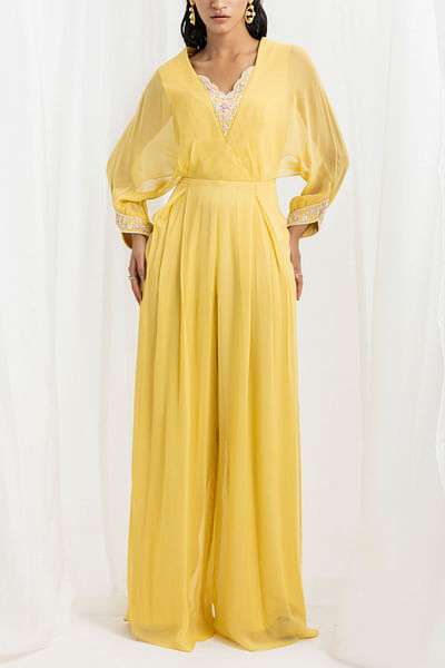Yellow floral pearl and bead embellished draped jumpsuit