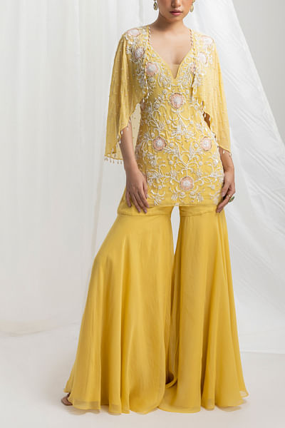 Yellow floral pearl embellished cape and gharara set