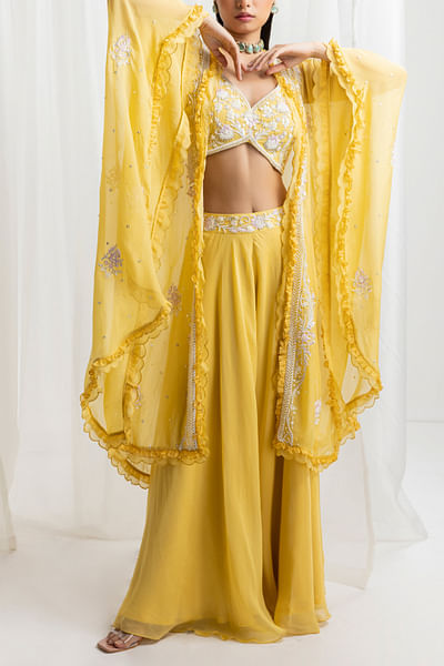 Yellow floral pearl embellished cape and sharara set