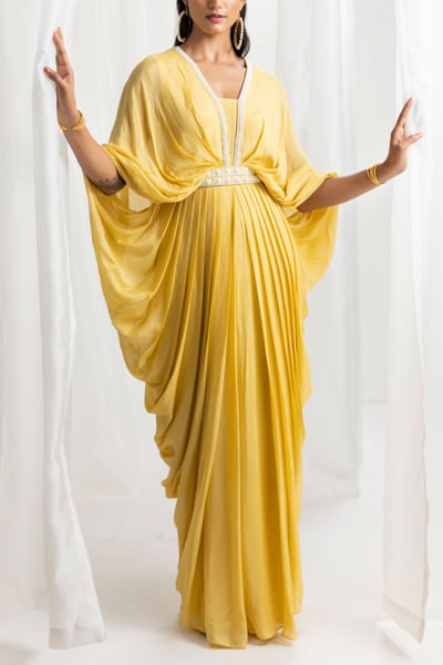 Yellow floral pearl embellished cowl draped kaftan