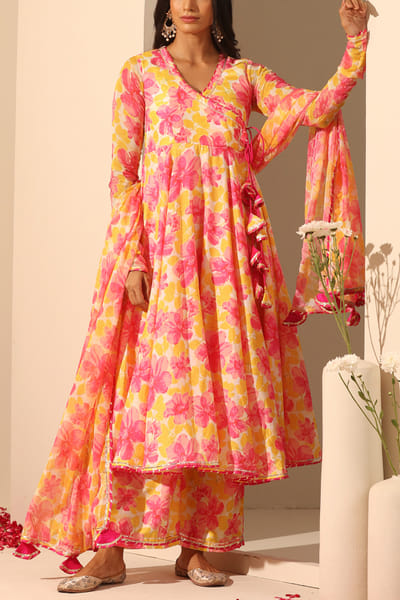Yellow floral print angrakha set