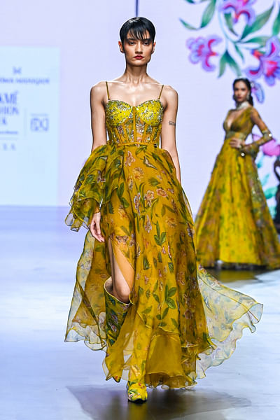 Yellow floral print corset gown