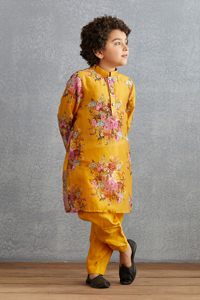 Yellow floral print handwoven kurta set
