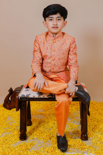 Yellow floral print jodhpuri set