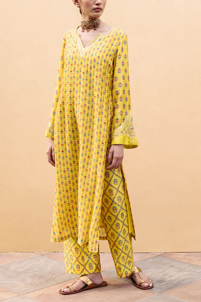 Yellow floral print kurta set