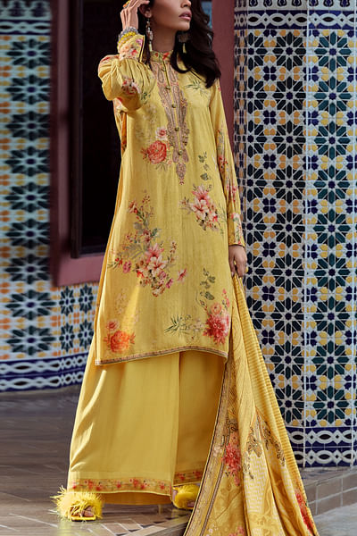 Yellow floral print kurta set