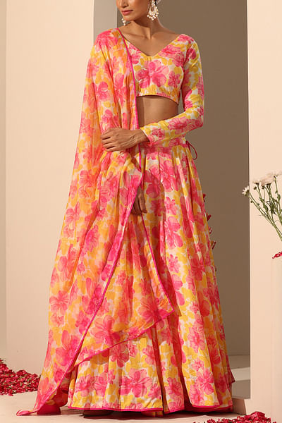 Yellow floral print lehenga set