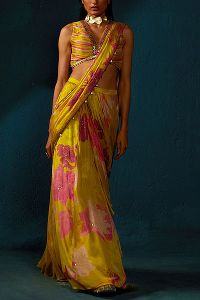 Yellow floral print pre-draped sari set