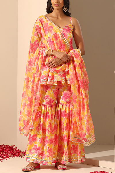 Yellow floral print sharara set