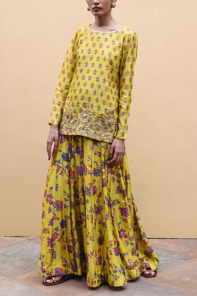 Yellow floral print short kurta set