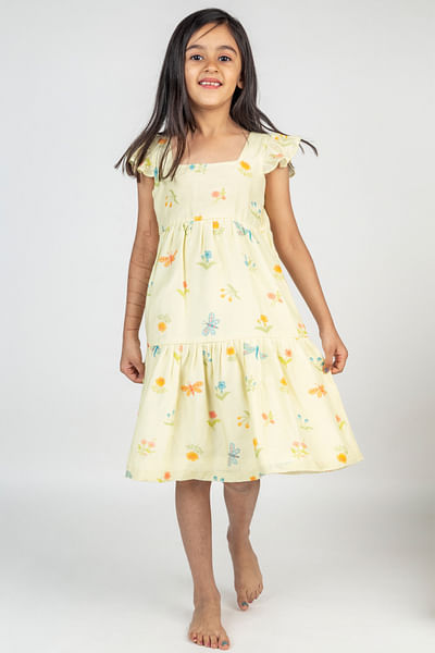Yellow floral print tiered dress