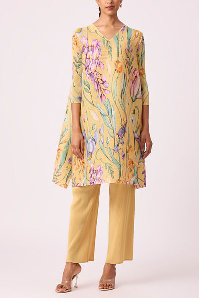 Yellow floral print tunic set