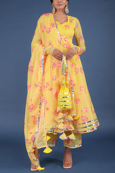 Yellow floral printed anarkali set