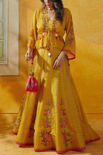 Yellow floral printed lehenga and jacket set