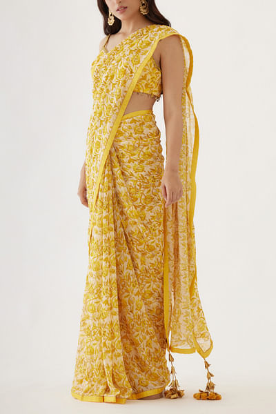 Yellow floral printed sari set