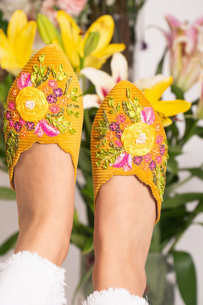 Yellow floral ribbon embroidery mules