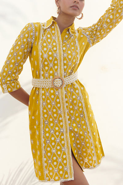 Yellow floral schiffli short dress