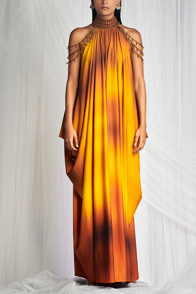 Yellow glass bead embellished ombre gown