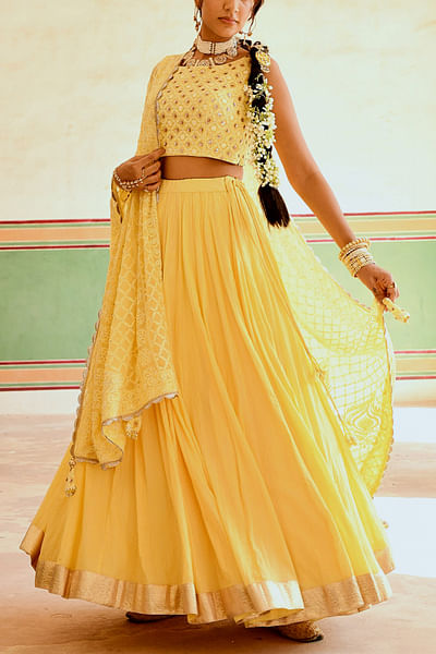 Yellow gota and chikankari embroidered lehenga set