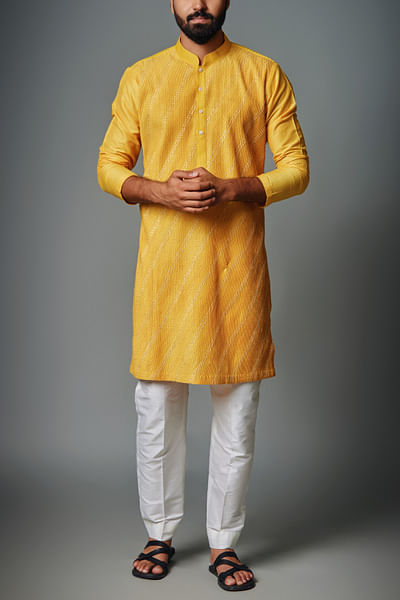 Yellow gota and thread embroidery kurta set