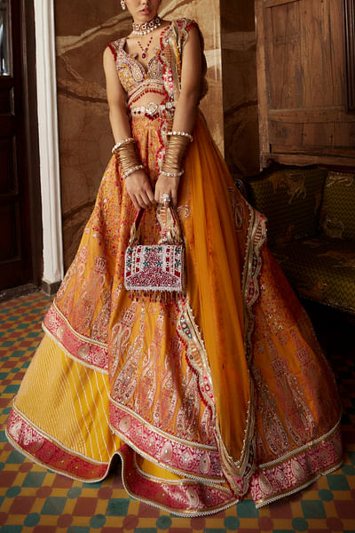 Yellow gota and zari embellished jamawar lehenga set