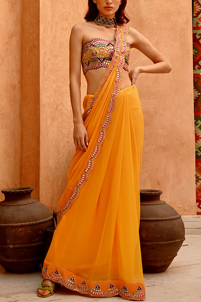 Yellow gota embroidery pre-stitched saree set