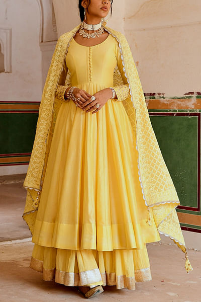 Yellow gota patti and chikankari embroidered anarkali and skirt set