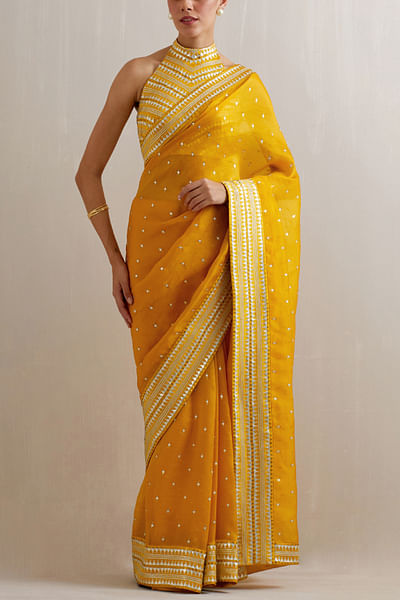 Yellow hand embroidered sari set