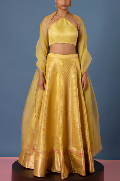 Yellow handwoven banarasi kadhwa satin silk lehenga set