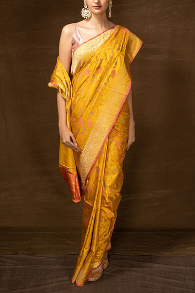 Yellow handwoven banarasi silk sari