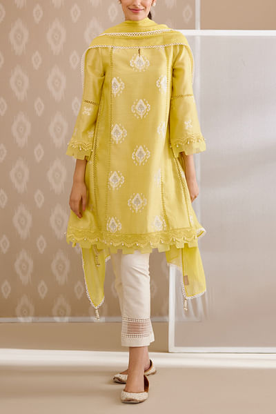 Yellow ikat motif embroidered kurta set