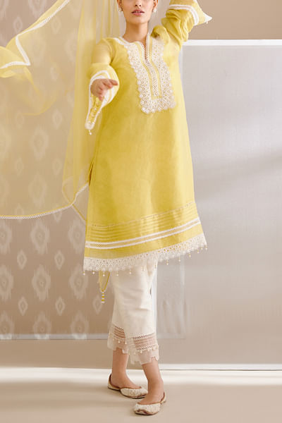 Yellow lace accented kurta set