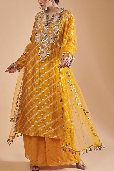 Yellow leheriya mirror embroidery kurta set