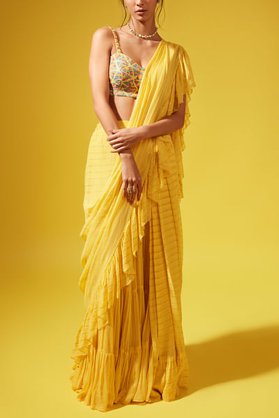 Yellow linear ruffle pre-stitched sari set
