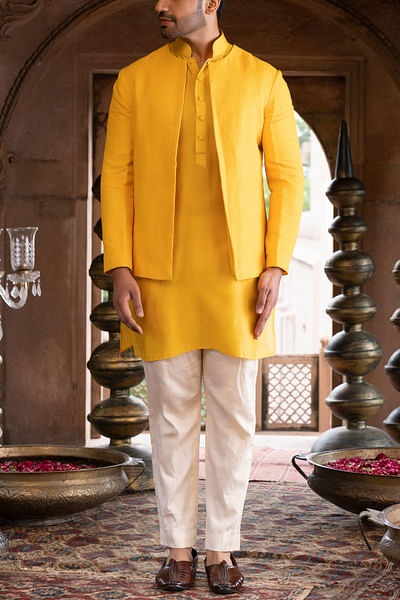 Yellow matka silk jacket kurta set