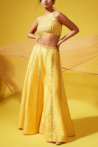 Yellow mirror and thread embroidered palazzo set