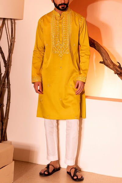 Yellow mirror embroidery kurta set