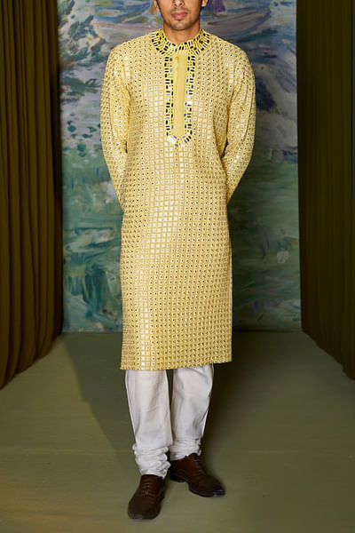Yellow mirror embroidery kurta set