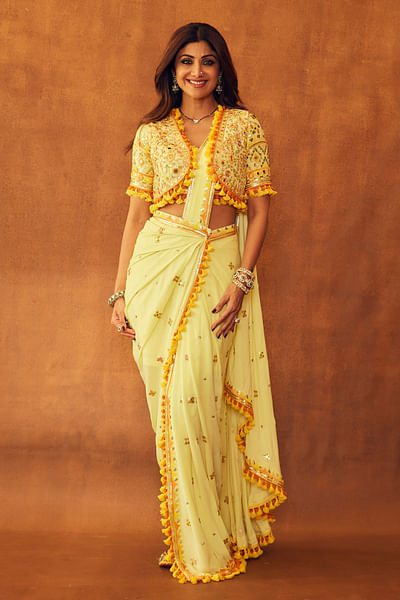 Yellow mirror embroidery pre-draped saree set