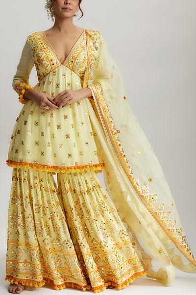 Yellow mirror embroidery sharara set