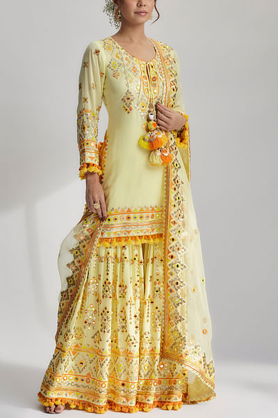 Yellow mirror embroidery sharara set