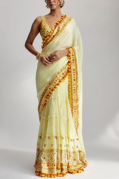 Yellow mirror embroidery tiered saree set