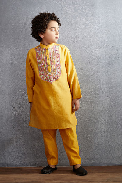 Yellow mirror embroidery woven kurta set