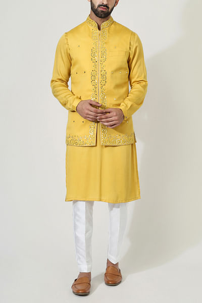 Yellow mirror work Nehru jacket kurta set
