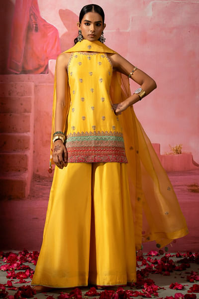 Yellow motif embroidered kurta sharara set
