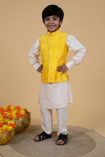 Yellow motif embroidery bandi kurta set