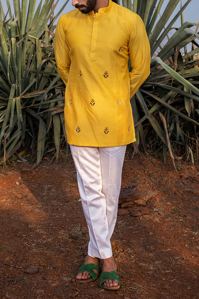 Yellow motif embroidery short kurta set