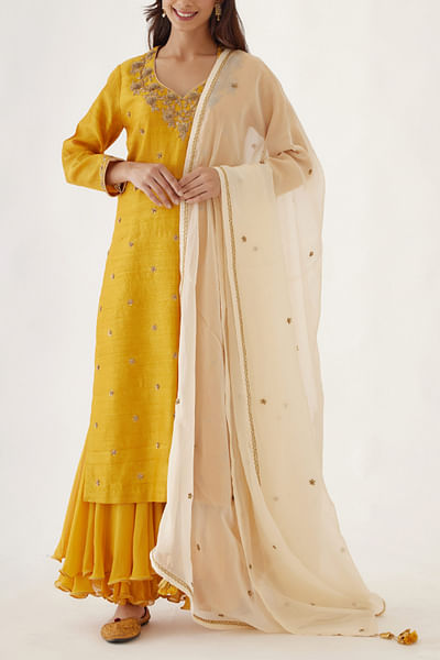 Yellow ochre embroidered kurta and sharara set