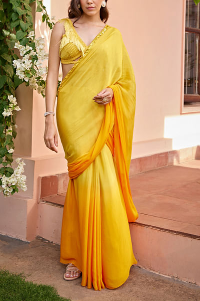 Yellow ombre pre-draped sari set
